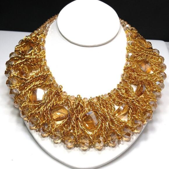 Bohemian Wide Crystal Beaded Chain Collar Necklace, Champaign Beads, 17 Inches - Picture 2 of 11